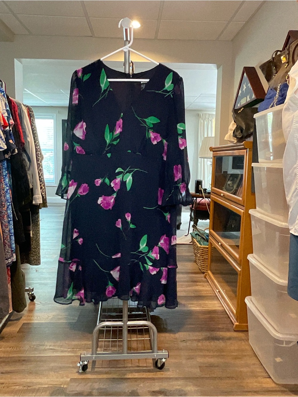 DKNY Black Midi Dress with Pink Floral & Green Leaves